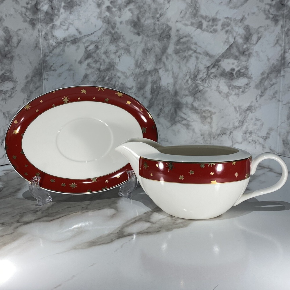 Galaxy by Sakura Red Porcelain Gravy Boat & Underplate 14k Gold Stars with Box